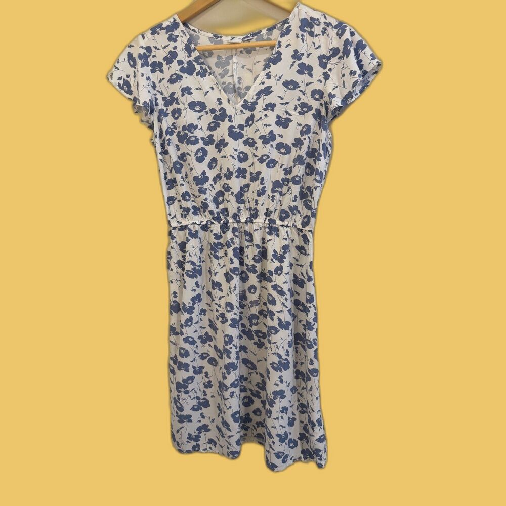 GAP‎ Floral Print Dress White Blue Short Sleeve Elastic Waist Casual SZ Small